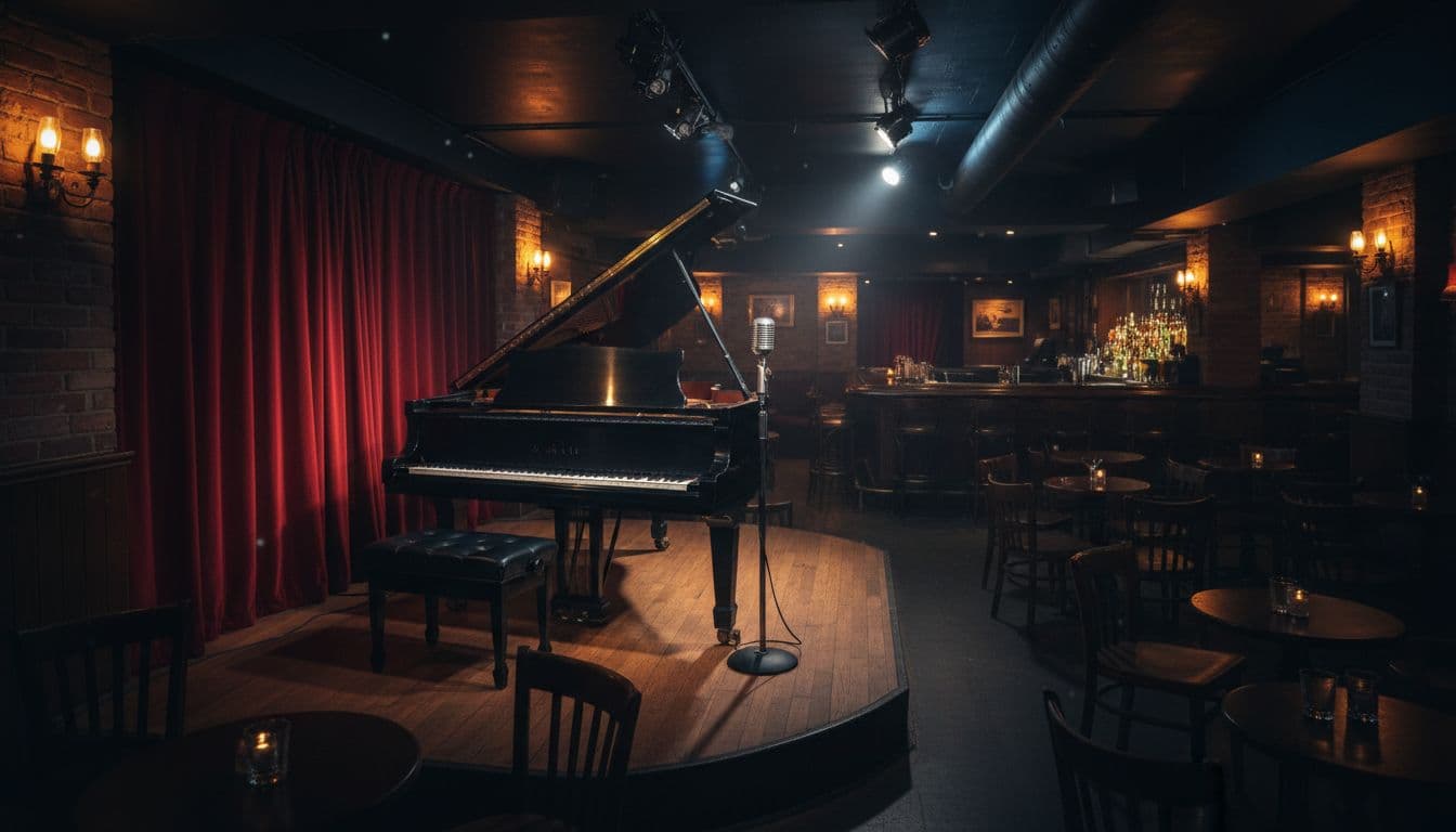 A dimly lit jazz club stage features a grand piano and a vintage microphone under warm lighting.