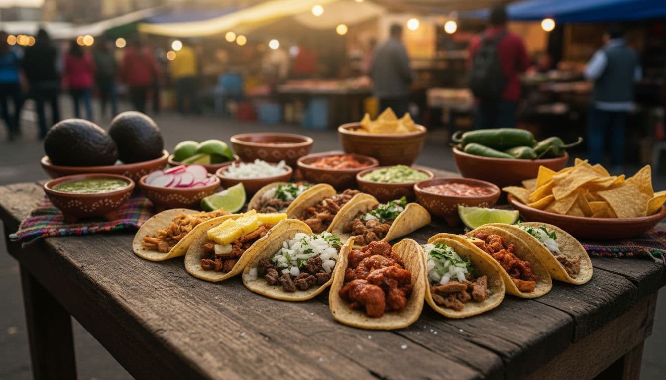 A rustic wooden table holds a variety of freshly prepared street tacos and vibrant ingredients.