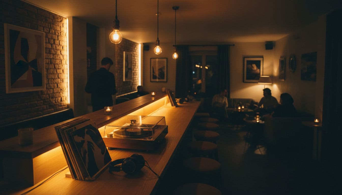 A vintage turntable sits on a polished wooden counter beside a stack of vinyl records. Warm golden lights illuminate the bar as blurred patrons converse in the shadowy background atmosphere.