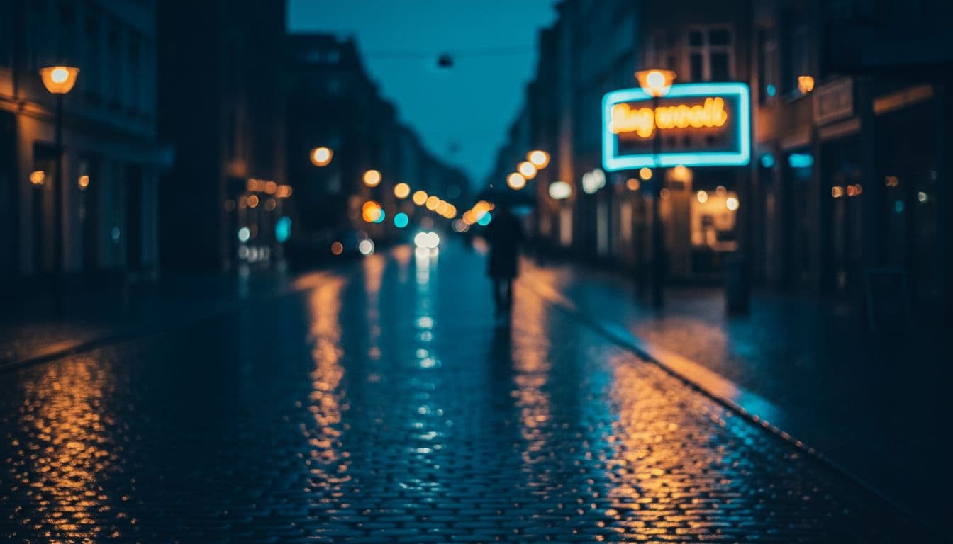 A rain-slicked cobblestone street in Berlin features a mix of cool blue evening tones and glowing warm yellow neon lights. A vintage sign hangs in the misty, cinematic distance.
