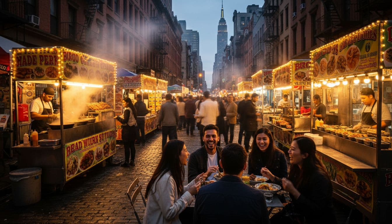 Vibrant food stalls line a busy New York City street with steam rising from fresh dishes.