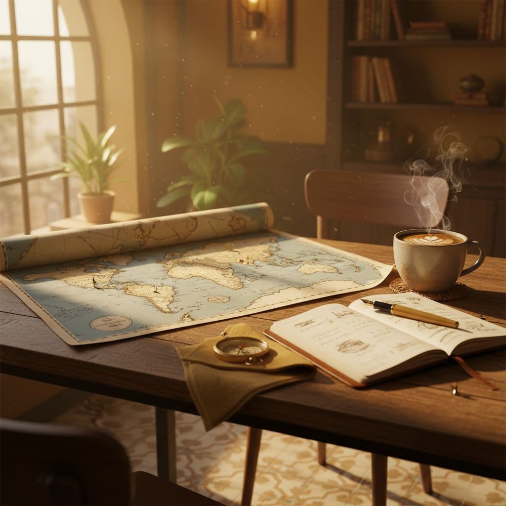 A vintage map and leather notebook rest on a wooden table beside a warm cup of coffee.