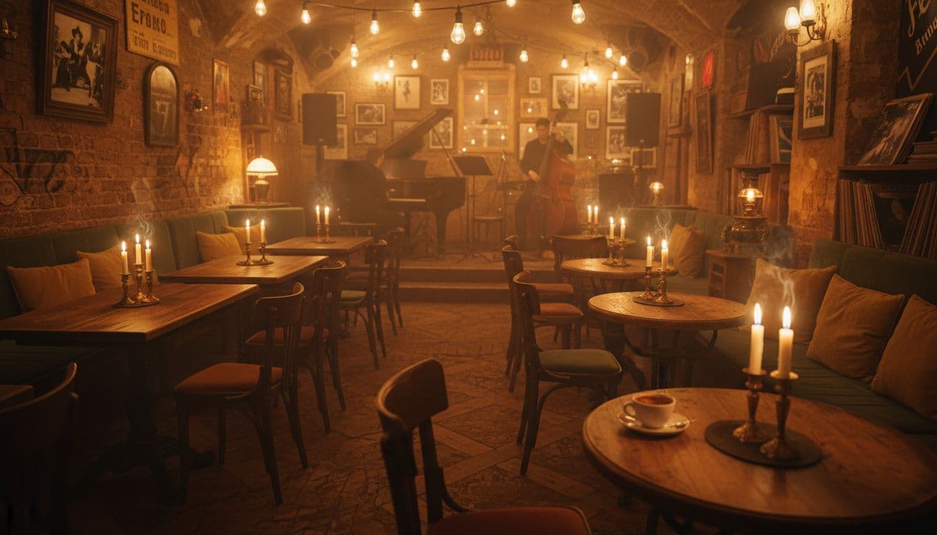 A dimly lit historic cafe features wooden furniture and candlelit tables under a warm golden glow.