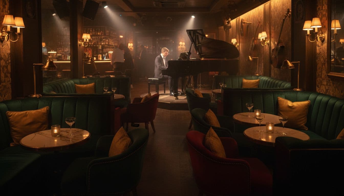 A dimly lit jazz bar features plush velvet seating and a grand piano under warm amber light.