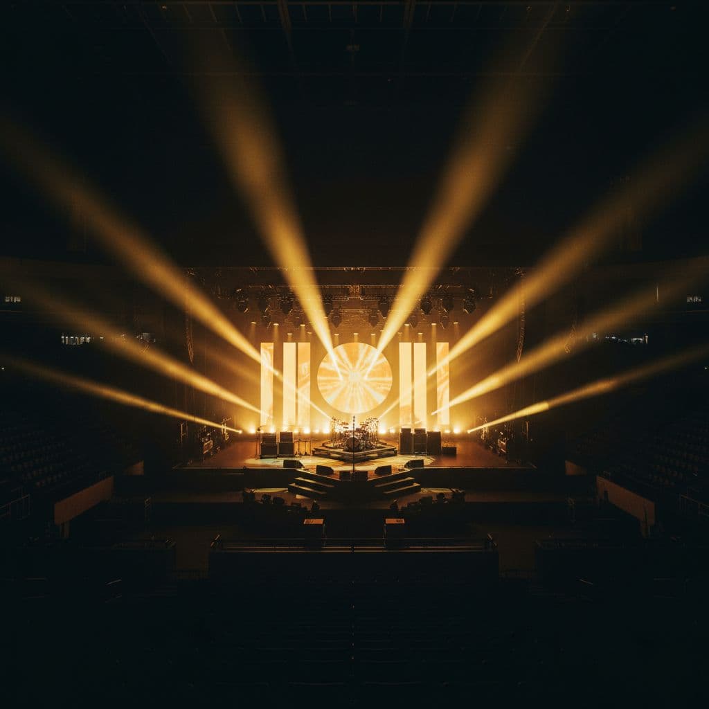 A dark, unoccupied music stage sits at night under intense theatrical lighting. Beams of yellow spotlights pierce the shadows while empty rows of seating stretch out toward the illuminated performance area.