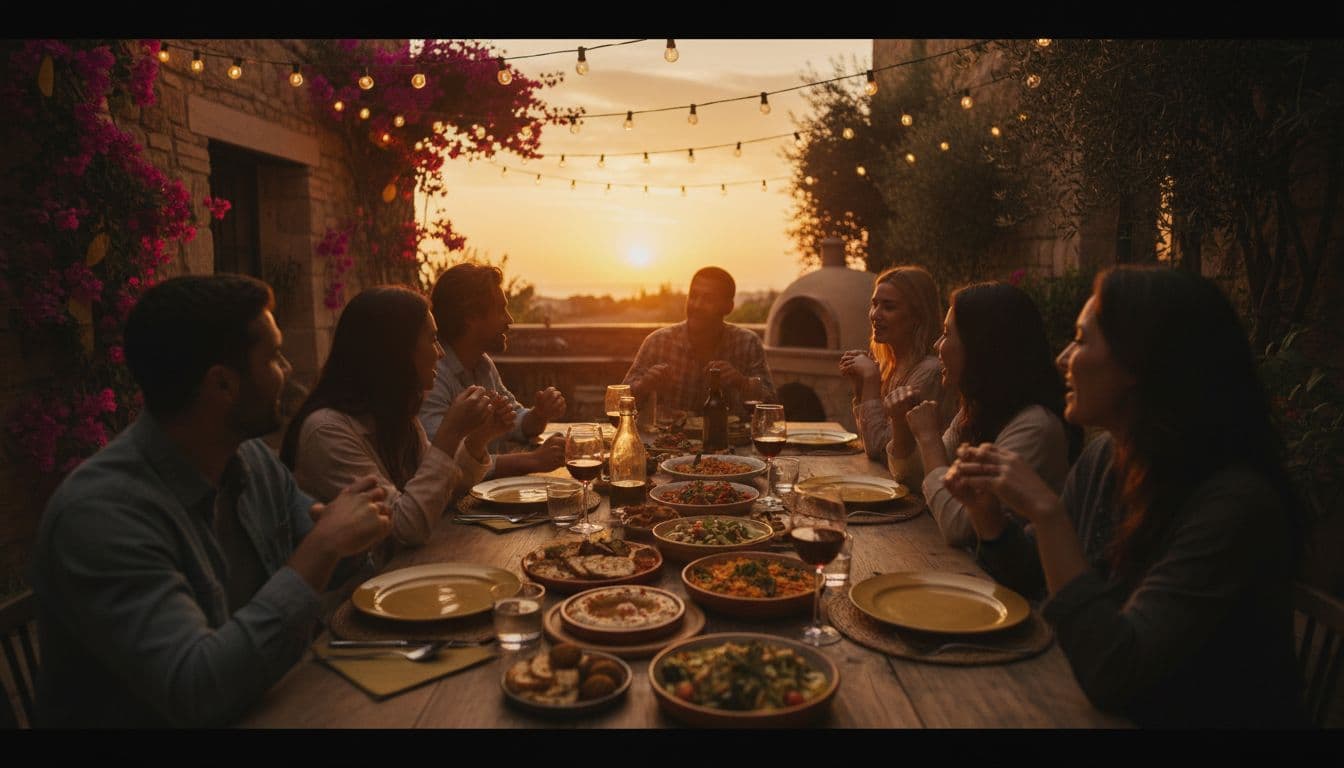 A group enjoys a meal together at an outdoor Mediterranean restaurant illuminated by warm fairy lights.