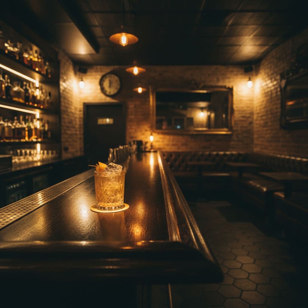A single artisan cocktail sits on a polished dark wood bar inside a moody, brick-walled tavern.