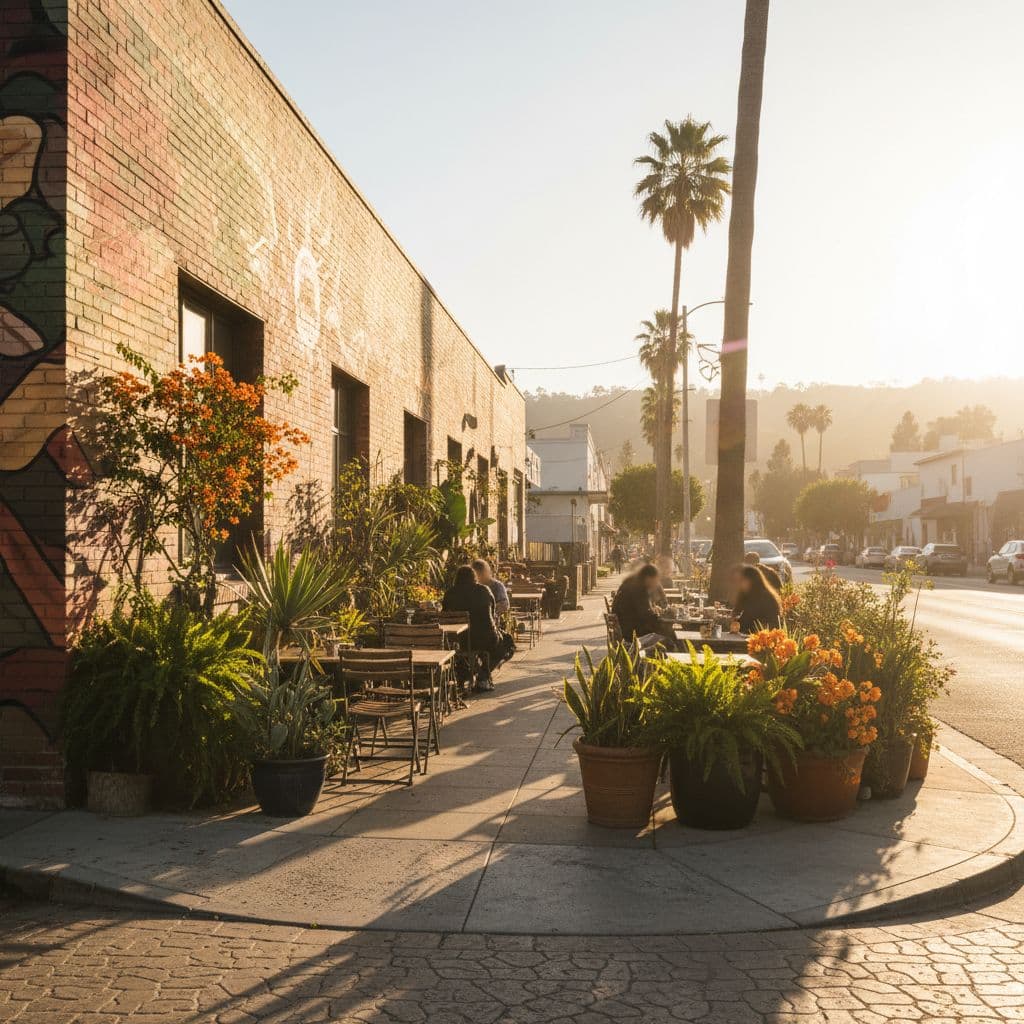 An outdoor cafe patio with wooden furniture sits on a sunny street corner next to a mural.