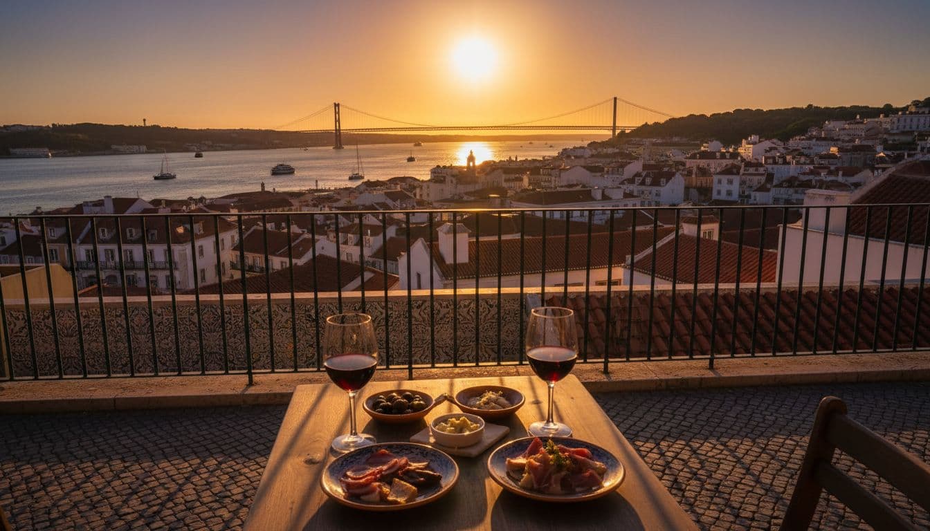 A sunset view from a Lisbon terrace features wine and tapas overlooking riverfront rooftops.