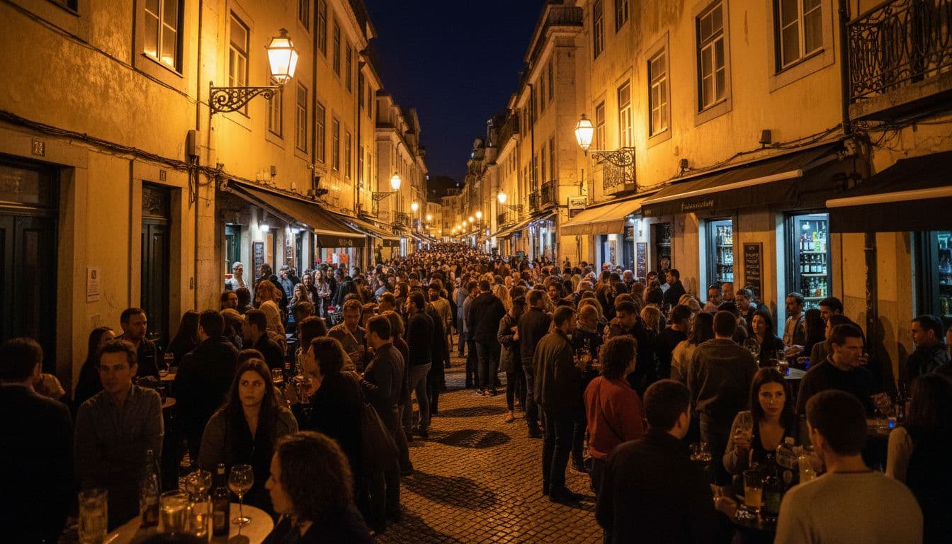 Crowds gather outside small bars on a narrow stone street in Lisbon at night.