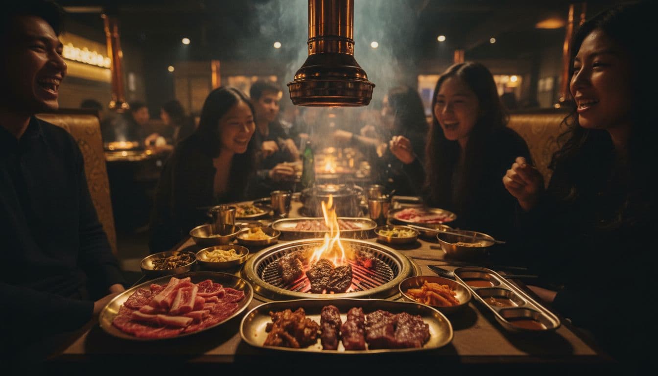 Glowing coals grill marinated meats at a lively, dimly lit Korean restaurant table with rising steam.
