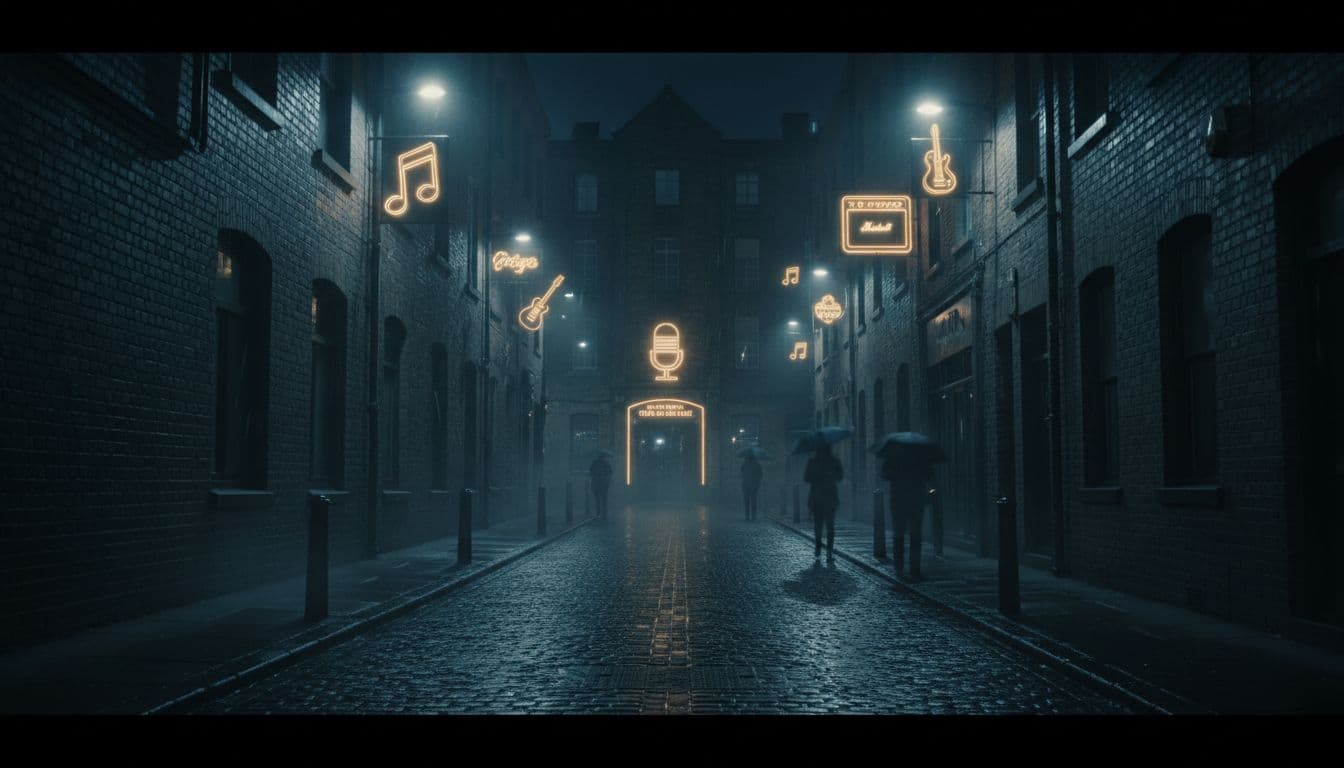 A narrow rain-slicked brick street in Manchester illuminated by glowing neon venue signs and dramatic evening shadows.