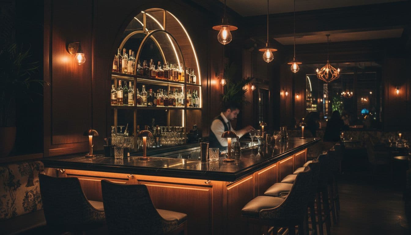 A stylish dimly lit bar with warm lighting and rich wood textures in Mexico City.