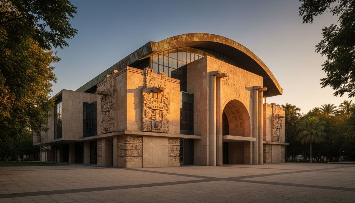 A stone museum building sits among lush trees under the warm light of golden hour.