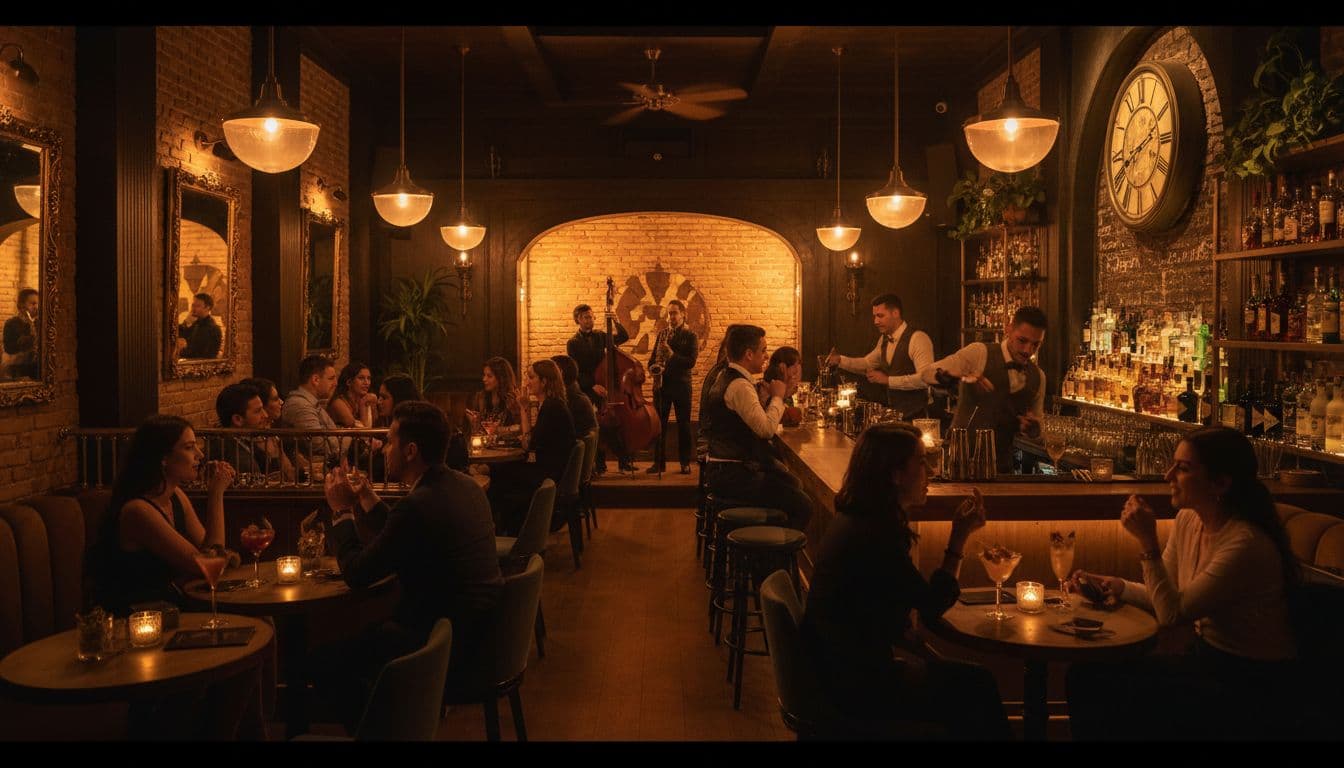 Guests enjoy craft cocktails in a dimly lit, atmospheric speakeasy with warm ambient lighting.