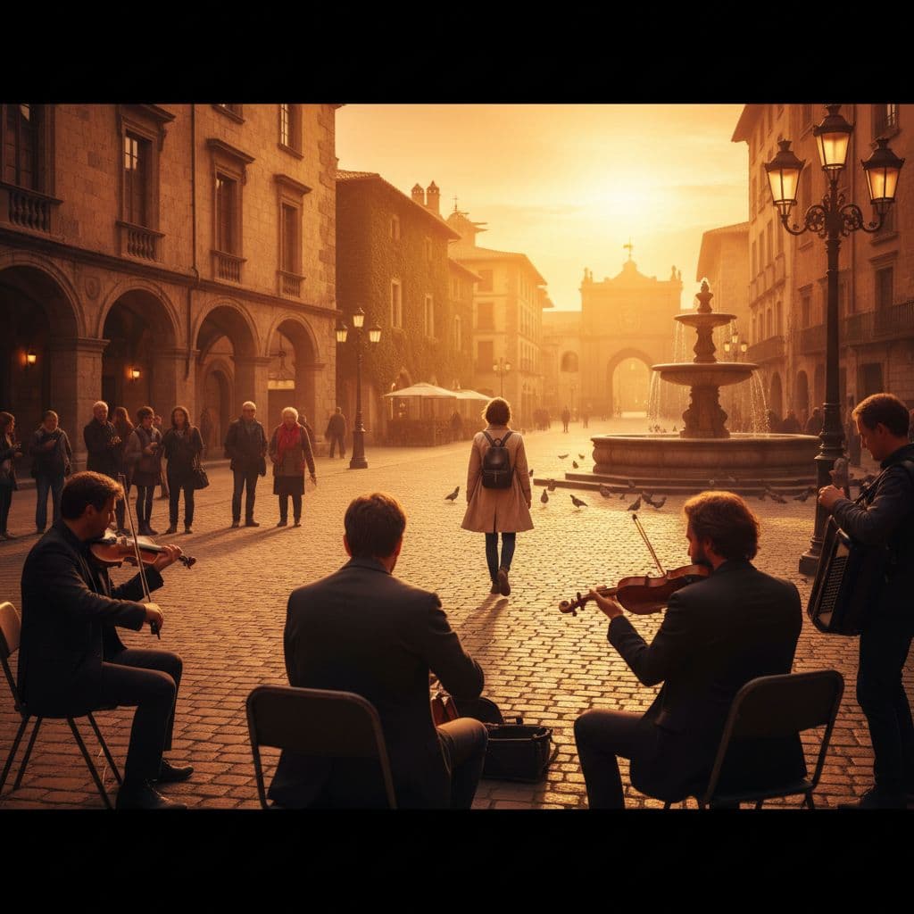 A street musician plays instruments in a vibrant, historic city square during a golden sunset.