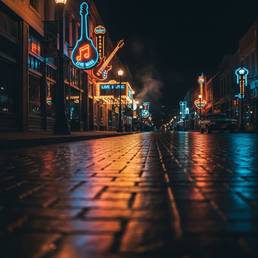 Vibrant neon signs glow intensely above empty Nashville sidewalks, casting warm yellow light onto the wet pavement. Music venues display bright, colorful storefronts that create a cinematic atmosphere along the street.