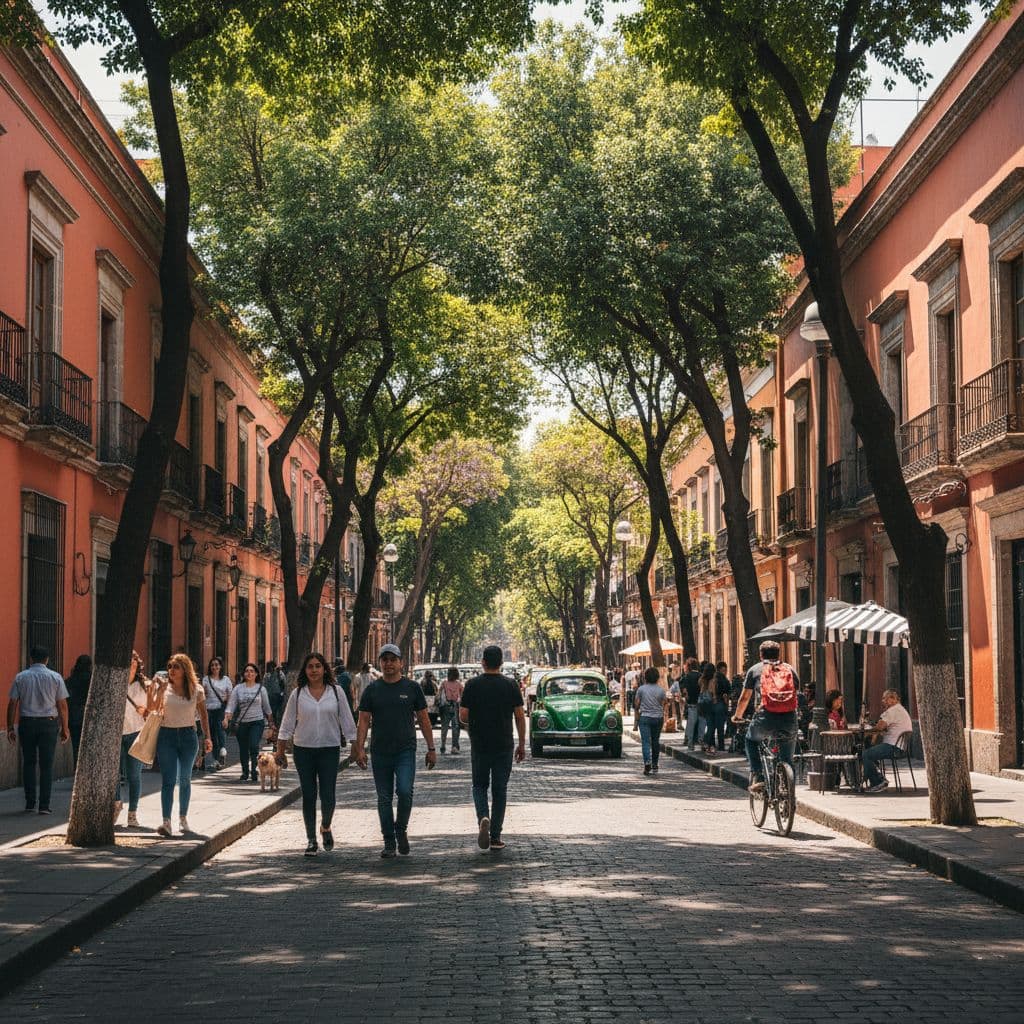 People walk along a tree-lined sidewalk flanked by colorful colonial architecture in Mexico City.
