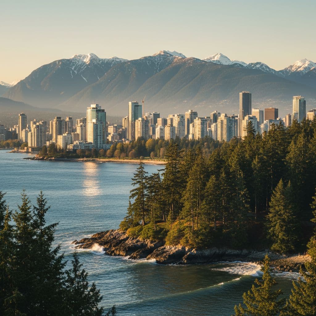 Lush green trees meet the ocean with the Vancouver city skyline and snowy mountains in the background.