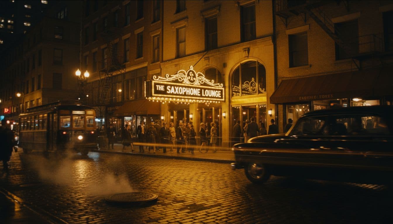 Warm yellow lights cast a soft glow over the crowded sidewalk outside a brick jazz venue. Pedestrians walk past deep shadows while the glowing entrance invites guests into the evening.
