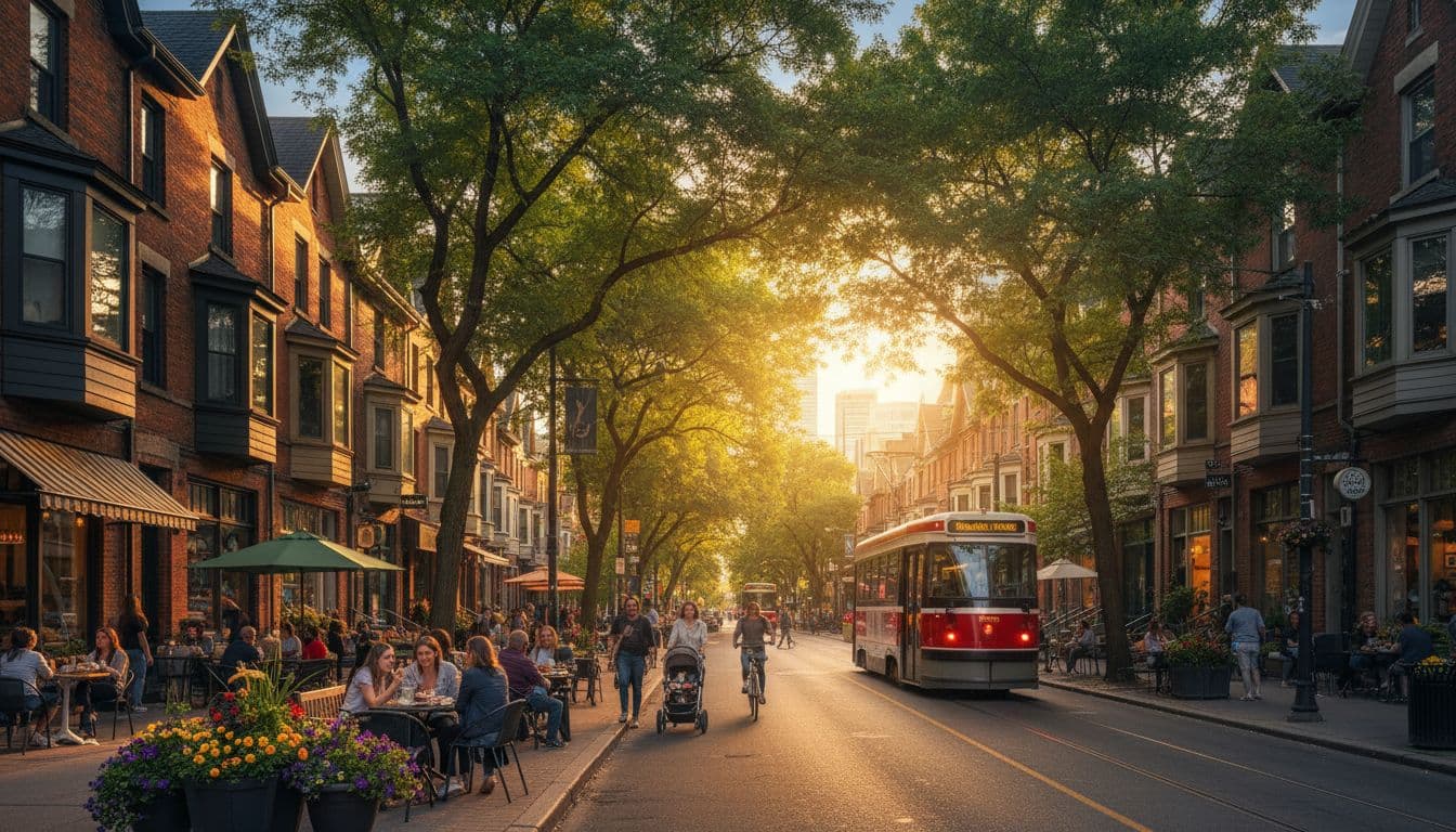 A bustling Toronto street features historic brick buildings and sidewalk cafes nestled under lush green trees.