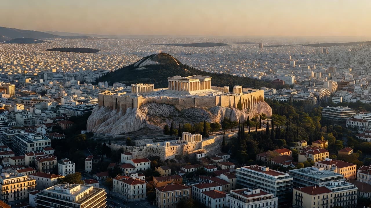 The ancient Acropolis stands prominently on a rugged hill, surrounded by a dense urban landscape of white buildings that extend toward the distant horizon under a warm, glowing afternoon sky.