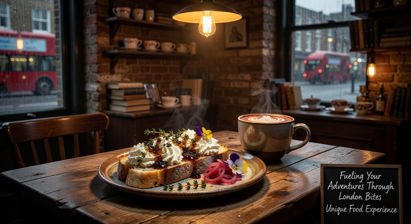 A close-up view of an intricately plated dish sits on a rustic wooden table inside a moody cafe. Warm amber light glows from nearby lamps, highlighting textures of the gourmet food.