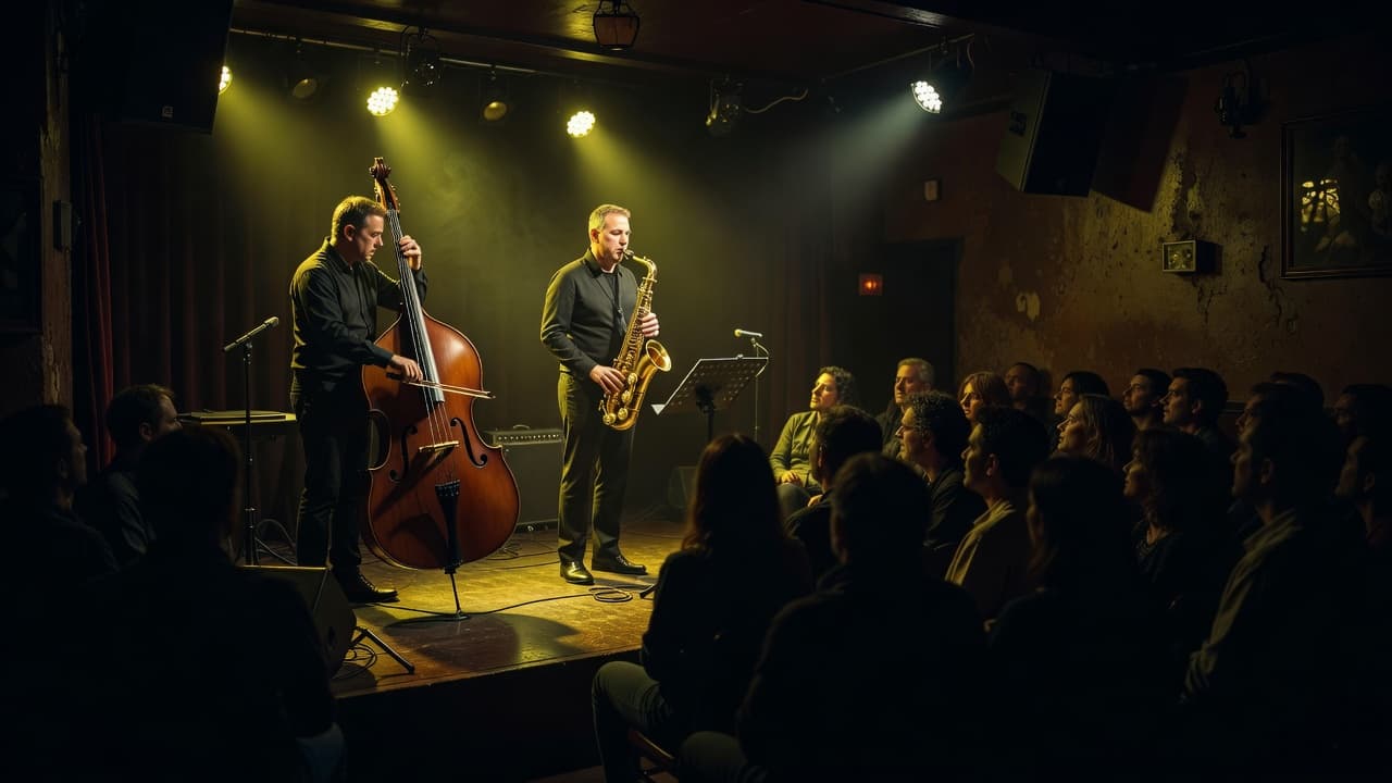A double bass and polished saxophone stand on a wooden stage bathed in warm, mellow yellow spotlights. Shadows deepen in the background as silhouettes of musicians perform for the evening audience.