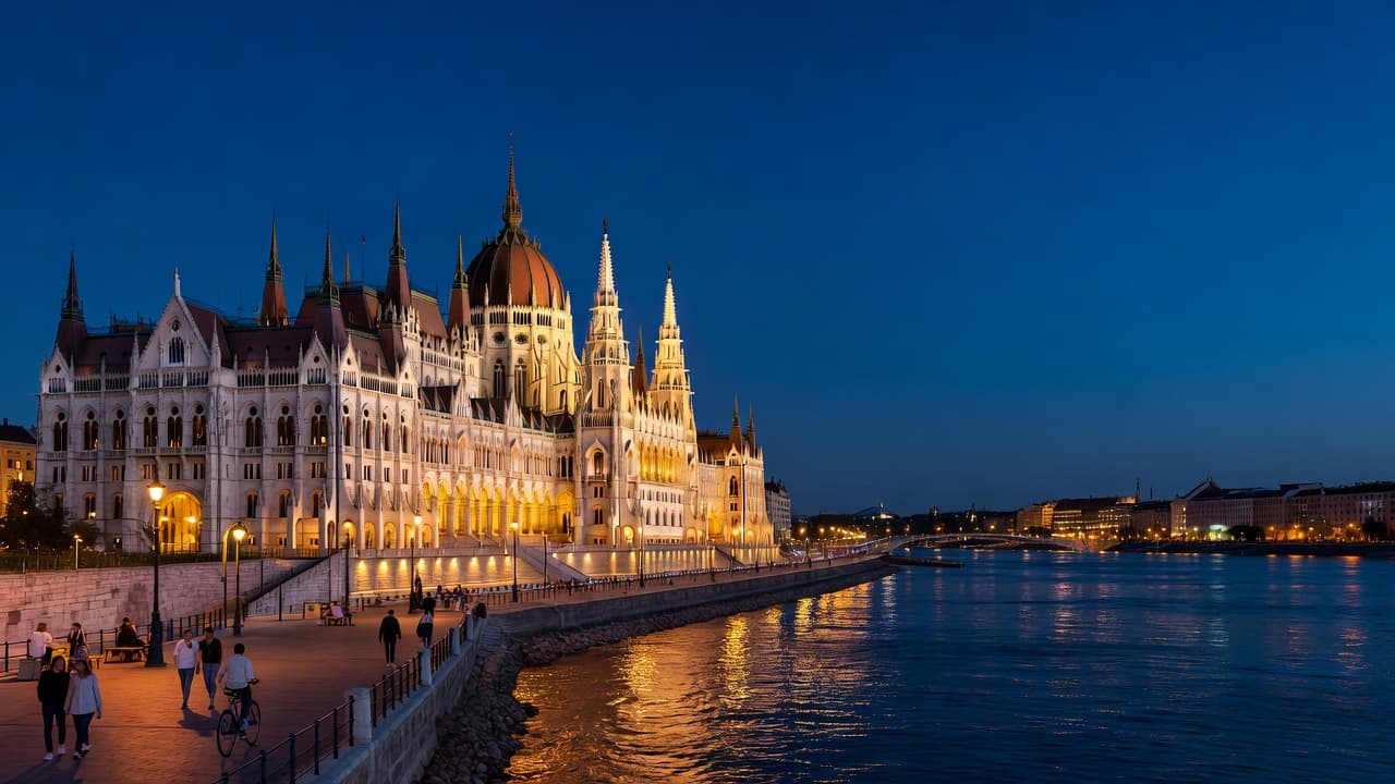 The ornate Hungarian Parliament building glows brilliantly along the dark Danube River. Golden streetlights illuminate the riverside promenade while the deep blue twilight sky creates a dramatic backdrop for the city.