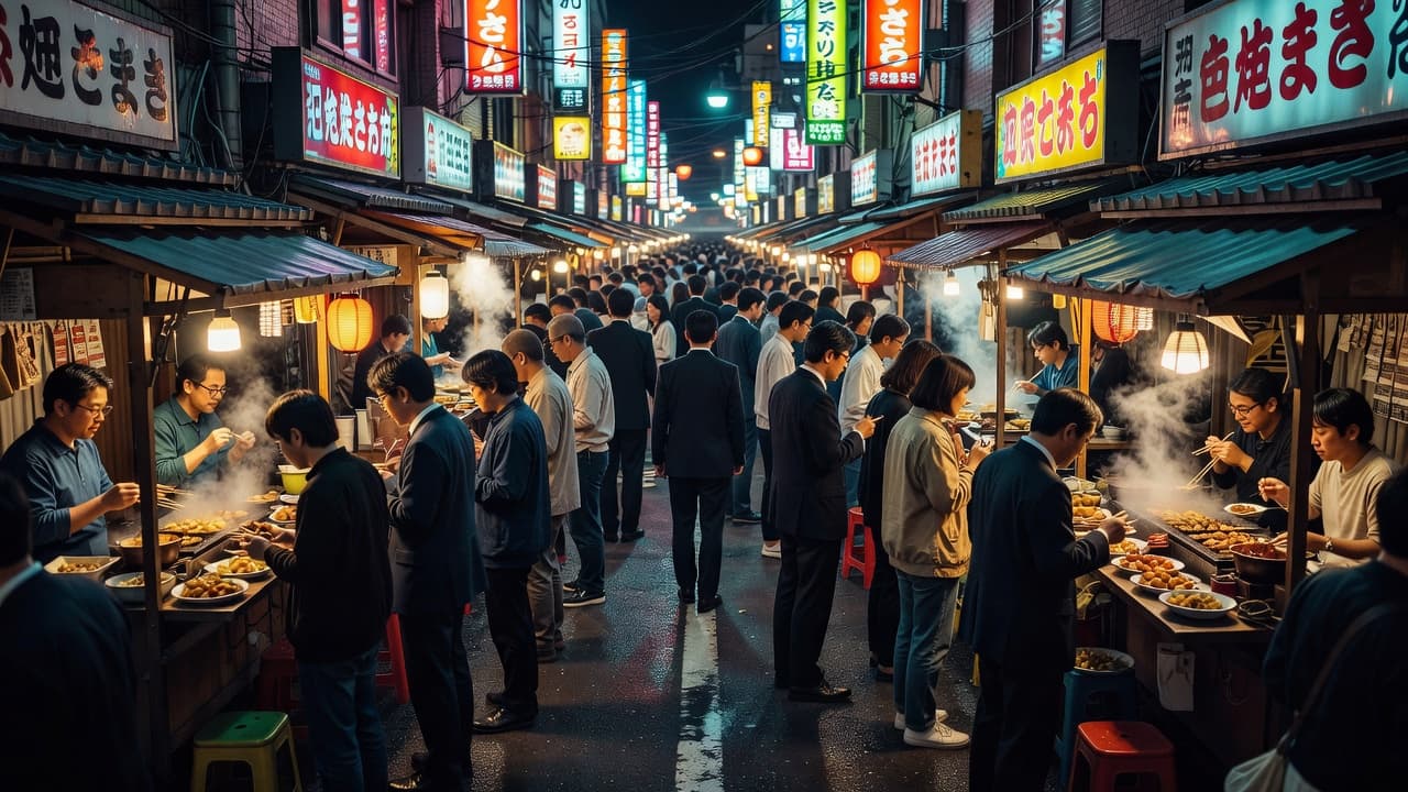 Crowded Tokyo alleyways feature glowing neon signs and steaming food stalls at night. Diverse groups of people gather around narrow counters to enjoy savory snacks amidst warm, cinematic golden lighting.