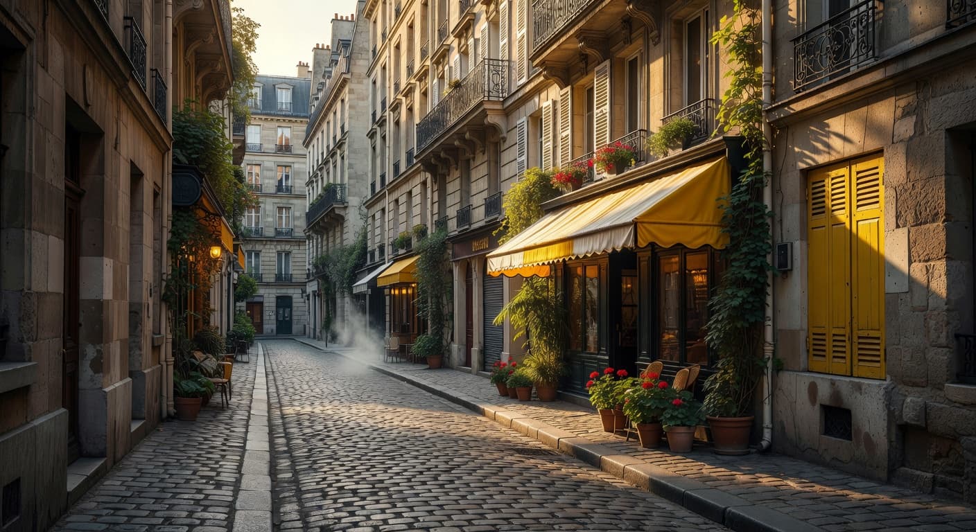Sunlight glows against historic stone building facades lining a narrow street during the golden hour. The uneven cobblestone path is bathed in deep shadows and warm amber light, creating a quiet atmosphere.