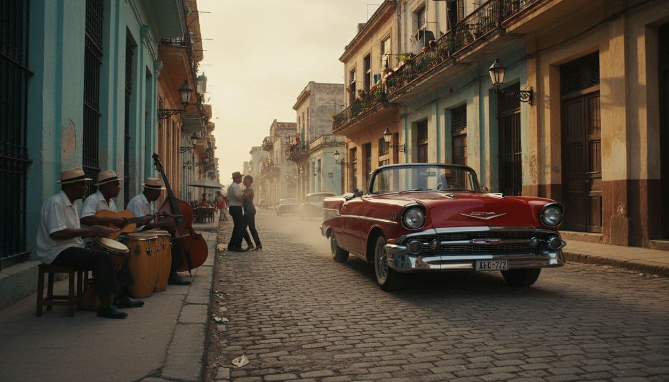 A polished vintage automobile cruises down a narrow cobblestone road lined with vibrant, peeling colonial architecture. Golden sunlight bathes the historic city street, highlighting the lively atmosphere of local island music.