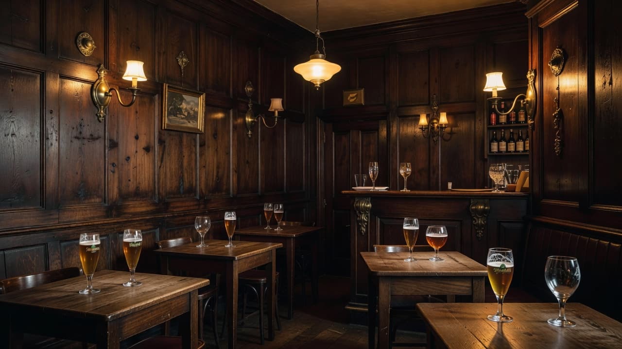 Dark wood paneling lines the walls of this historic interior, illuminated by glowing amber lights. Small round tables hold empty beer glasses near polished brass railings and intricate vintage decor fixtures.