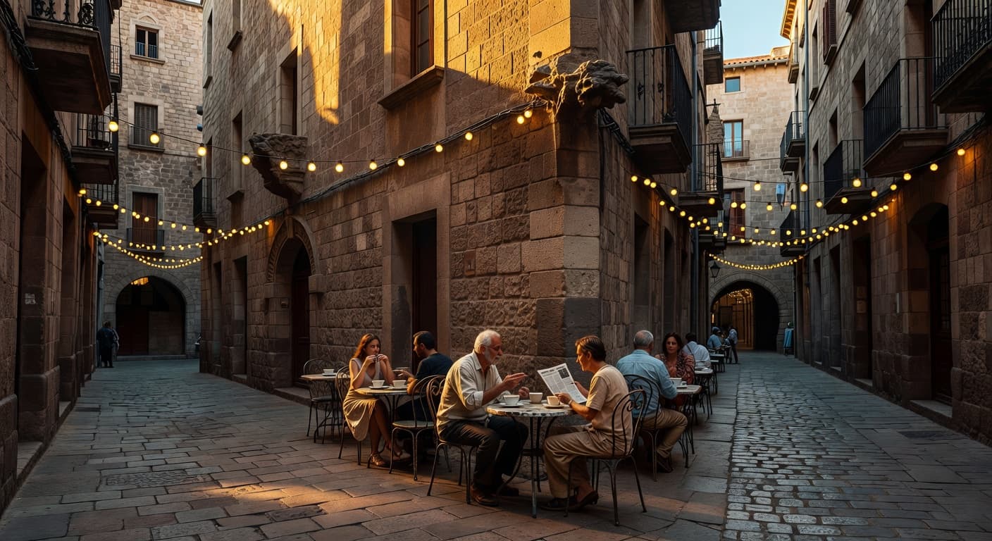Sunlight filters onto a cozy outdoor cafe nestled within narrow stone alleys. Patrons enjoy coffee amidst the ancient architecture, featuring deep shadows and warm yellow accents on weathered stone building walls.