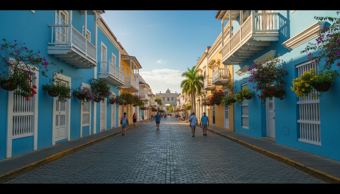 Vibrant colonial buildings with yellow facades line a narrow cobblestone street in Puerto Rico. Cascading flower baskets hang from balconies above the blue-toned stones while warm sunlight creates deep, cinematic shadows.