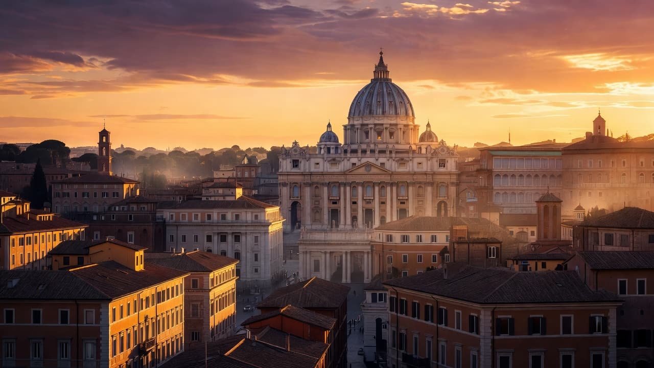 The dome of St. Peter's Basilica stands prominently against a glowing orange sky. Distant terracotta rooftops and ancient stone silhouettes are cast in deep shadows under the warm fading sunlight.