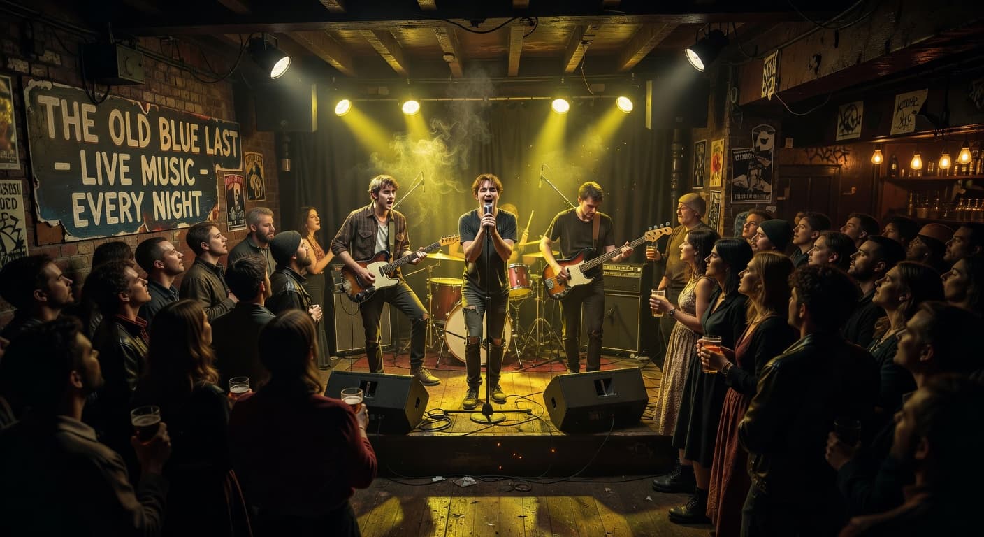 Golden spotlights illuminate a wooden stage inside a crowded subterranean club. Musicians stand amidst hazy shadows while the audience gathers closely around the small performance area in the dark room.