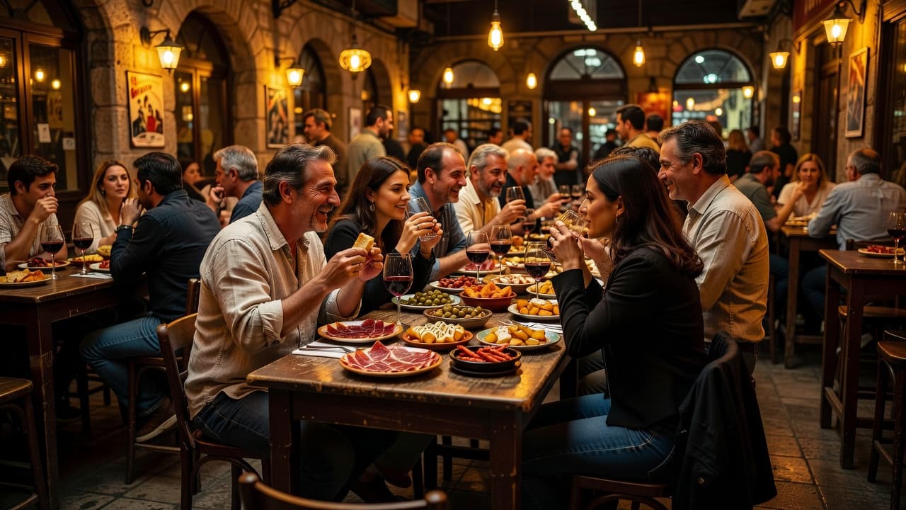 Patrons stand around rustic wooden tables inside a dim, historic tavern, enjoying small plates and wine. Golden overhead lights illuminate the lively crowd while creating a warm, moody late-night atmosphere.