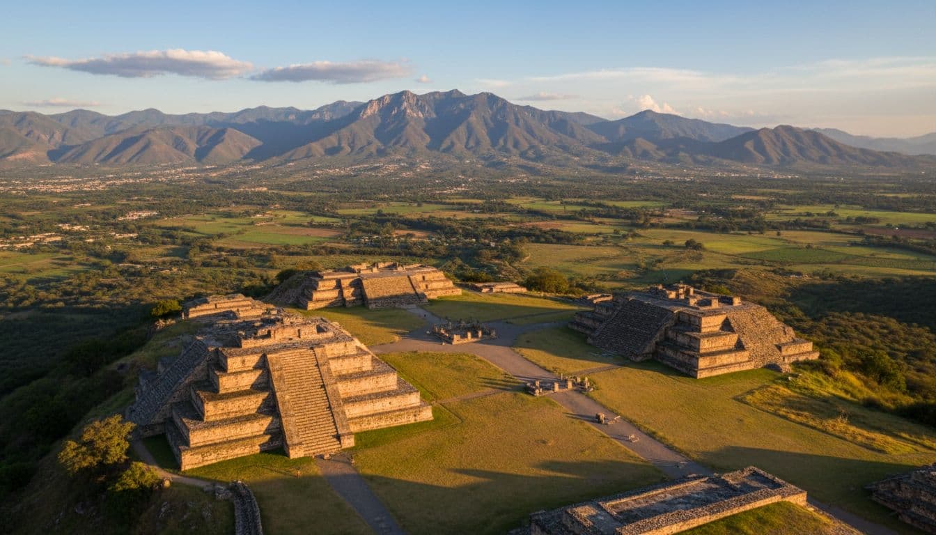 Massive stone structures rise from a flat hilltop terrace overlooking a vast verdant valley. Dramatic golden hour light casts deep shadows across the weathered masonry under a clear, expansive blue sky.