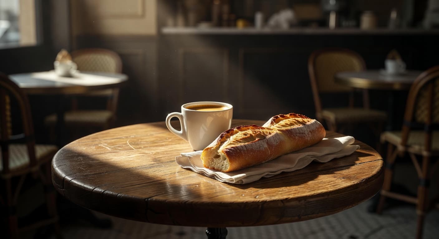 A small round wooden bistro table holds a steaming cup of dark espresso next to a fresh crusty baguette and a folded napkin. Warm light creates deep shadows across the surface.