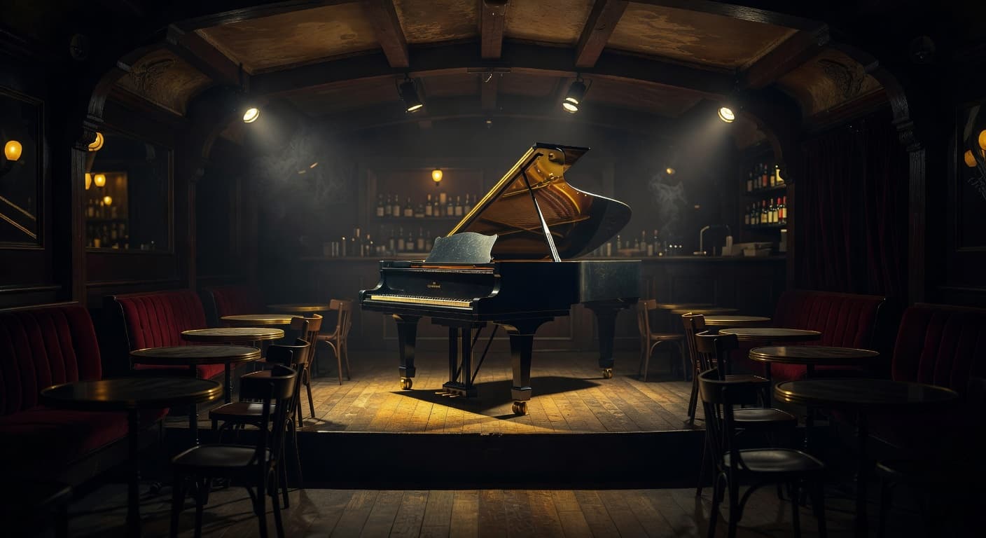 A polished grand piano sits center stage in an empty, dimly lit Parisian music club. Dramatic golden spotlights cast soft highlights across the floor while deep shadows fill the quiet lounge.