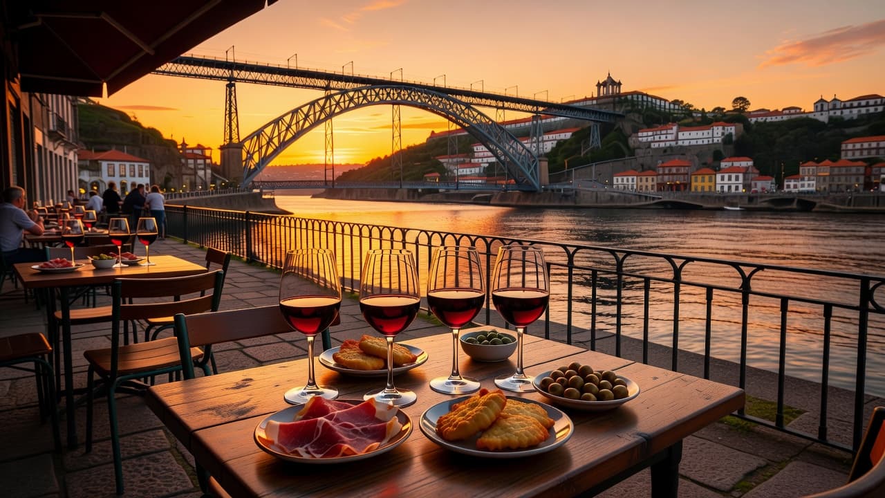 Crystal glasses filled with red wine rest on a rustic wooden table alongside savory Portuguese snacks. The glowing Douro River reflects the sunset beneath the arched silhouette of the historic iron bridge.