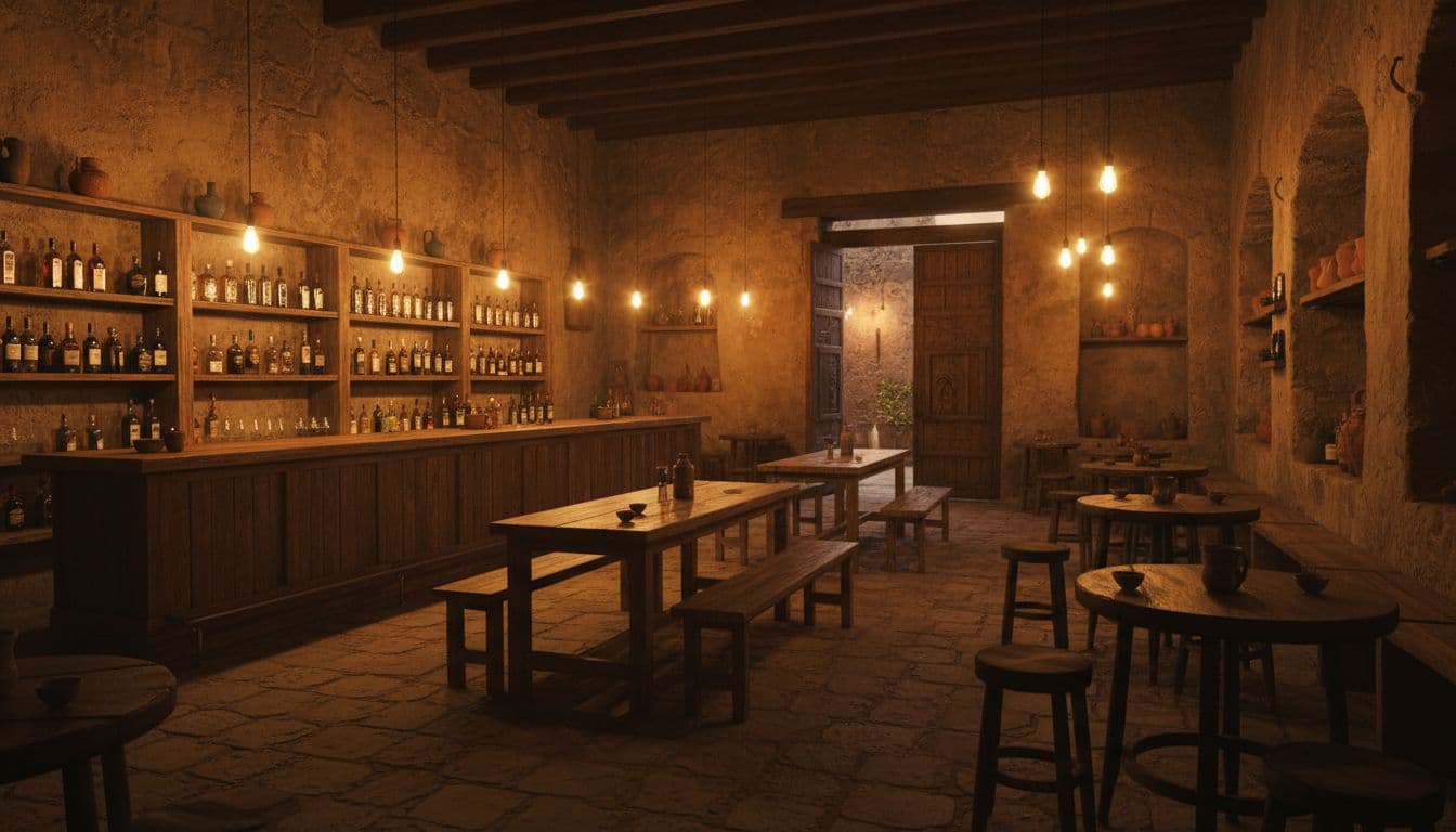 Glowing Edison bulbs hang above weathered wooden tables and stone walls in this dim room. Glass liquor bottles line rustic wooden shelves, illuminated by warm, amber light creating deep shadows.