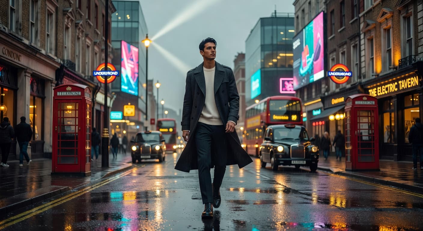 A person wearing a classic trench coat over a light knit sweater walks along a vibrant sidewalk. Golden hour sunlight highlights warm yellow storefronts while the background softly blurs into motion.