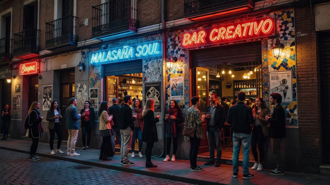 Vibrant neon signs cast a warm glow over a stylish bar exterior in Madrid, while groups of young adults socialize on the sidewalk amidst historic and eclectic architectural details.