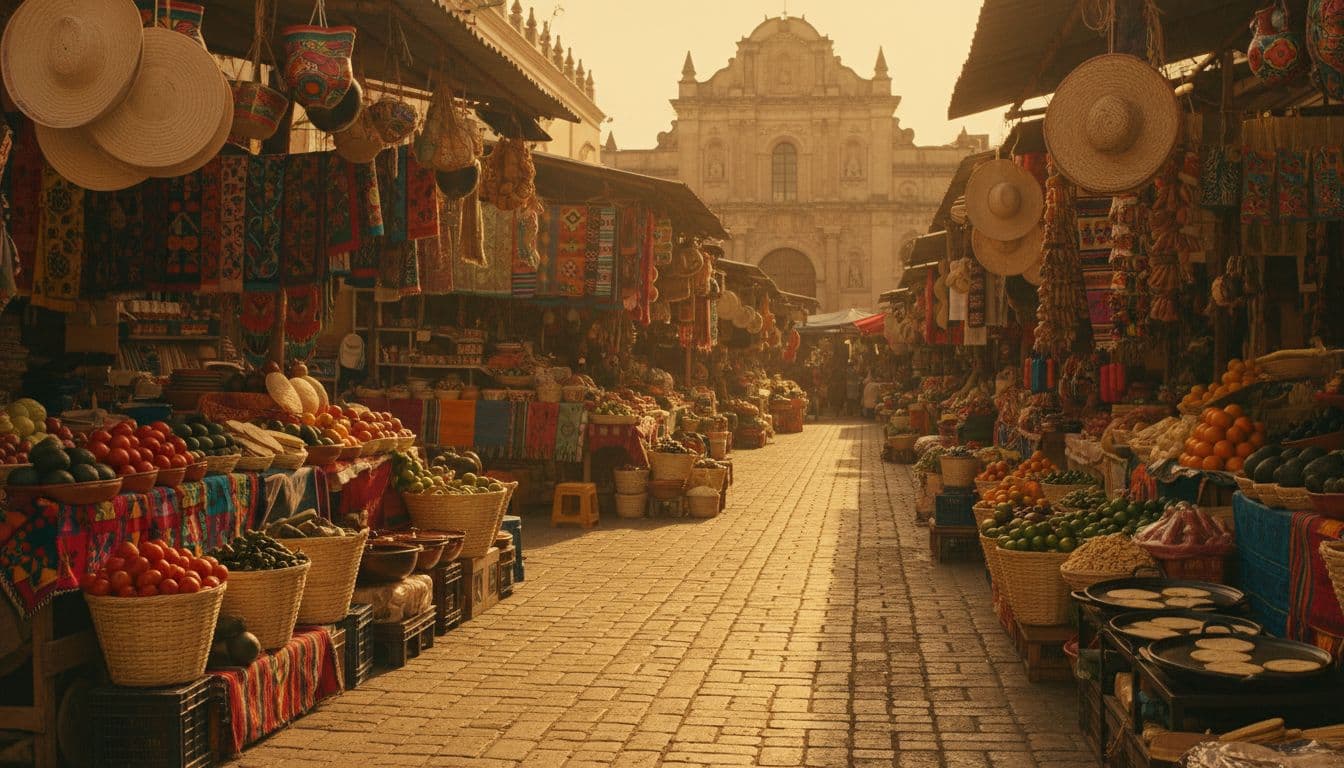Golden sunlight illuminates stalls overflowing with hand-woven textiles and piles of fresh produce in a bustling Oaxacan town square. Long afternoon shadows stretch across the textured stone paths and food vendors.