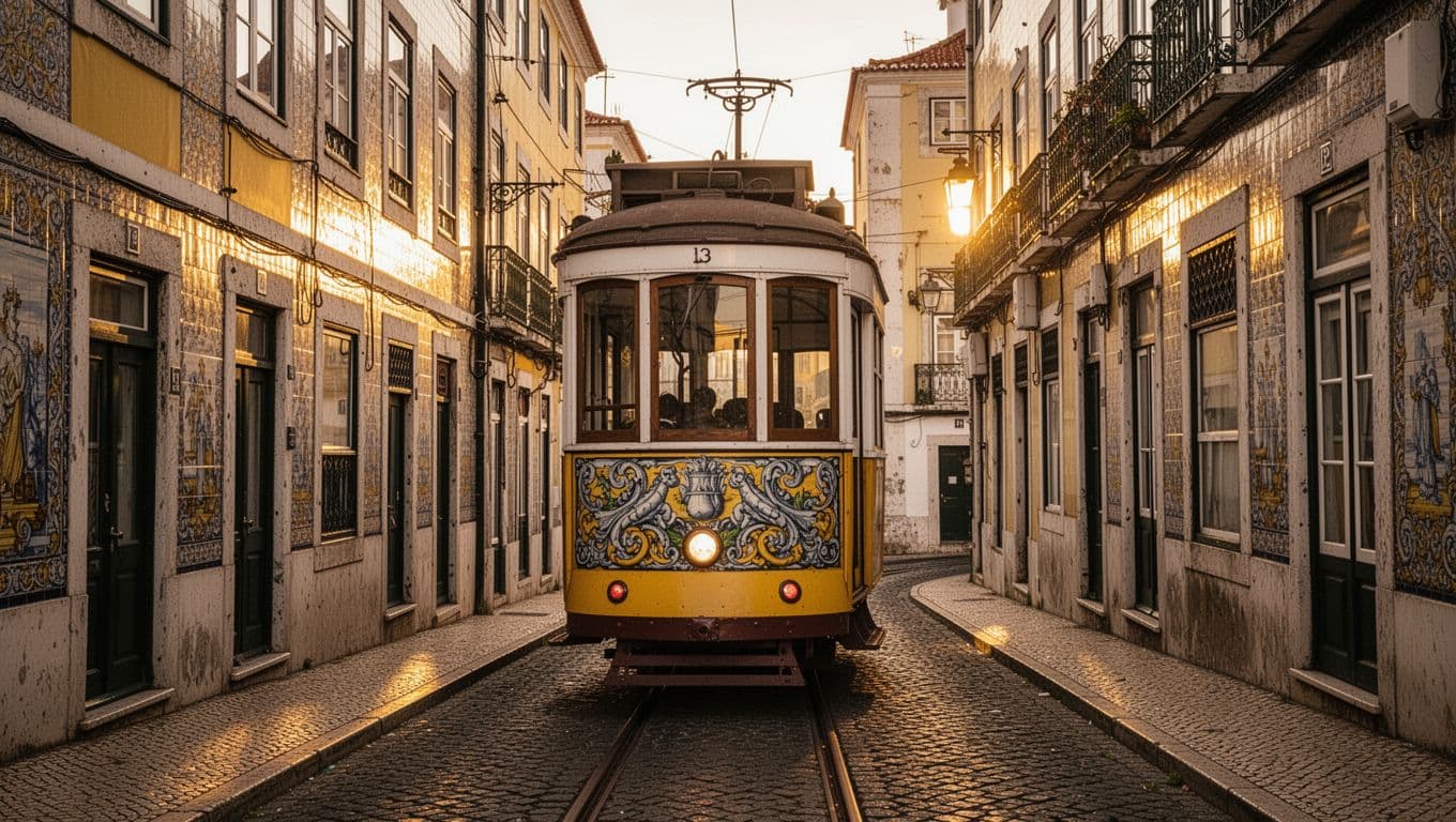 A historic yellow tram glides along narrow cobblestone streets in the Alfama district. Warm golden hour light illuminates the intricate, colorful ceramic tiles decorating the weathered building facades lining the path.