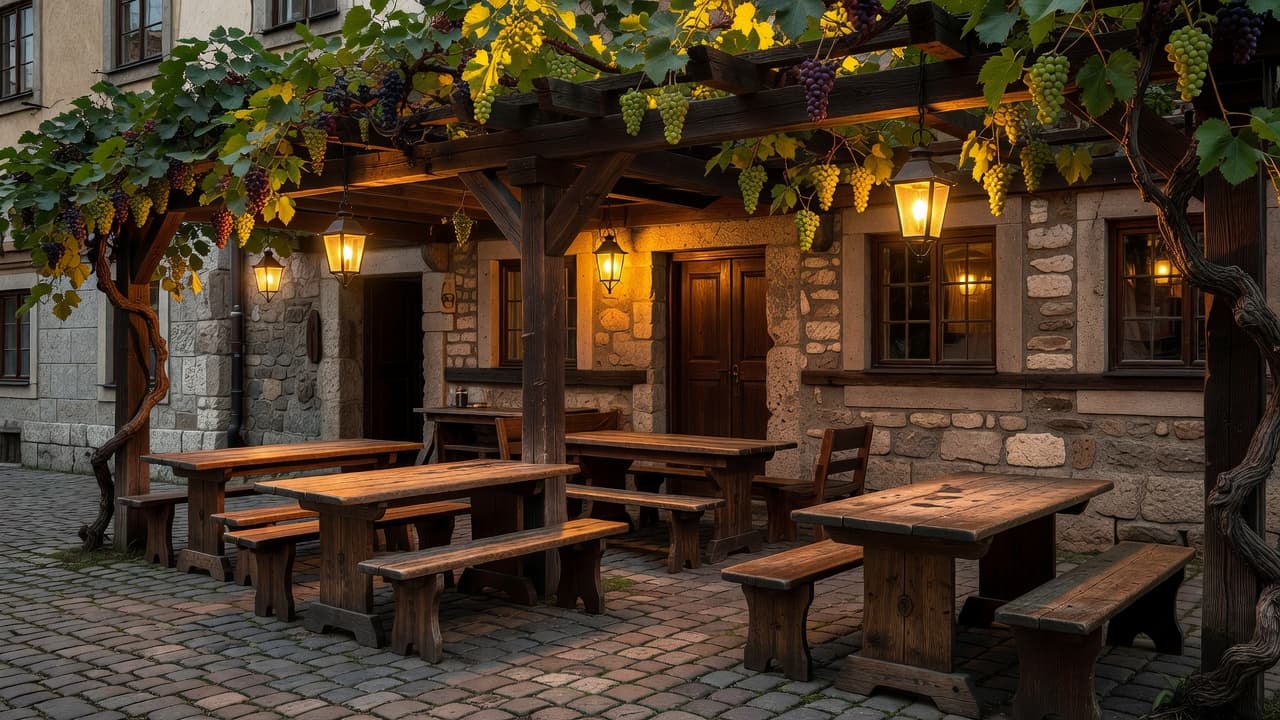 Wooden tables and hanging lights on an outdoor stone terrace surrounded by grape vines.