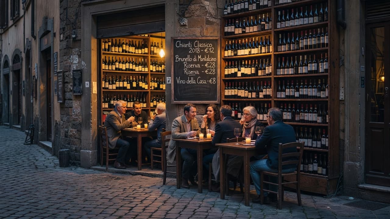 People enjoy wine at small tables inside a warm and rustic historic tavern in Florence.