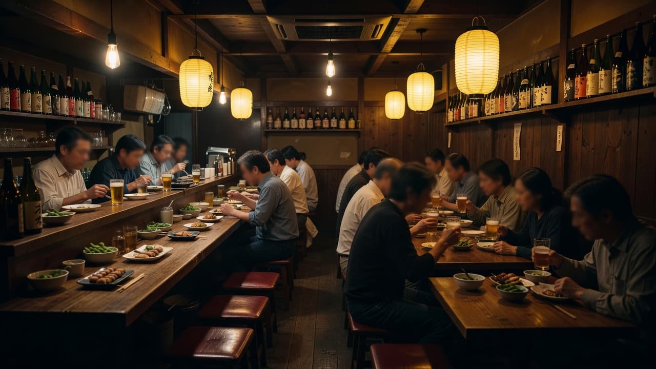 Warm yellow lighting glows against dark wooden textures inside a bustling tavern. Patrons blur into the cozy, shadowy background while enjoying drinks and dinner in this authentic, intimate Japanese nightlife setting.